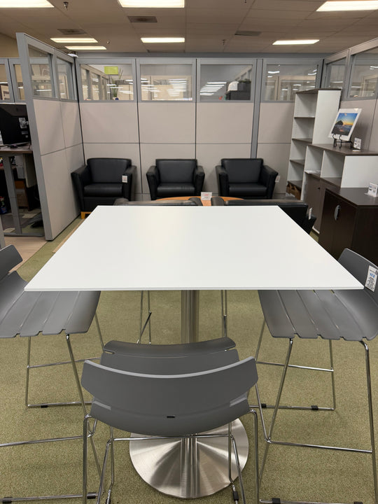 Studio Series 36” square Bevel-Edge Top Round Metal Base Finish: White