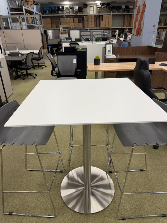 Studio Series 36” square Bevel-Edge Top Round Metal Base Finish: White